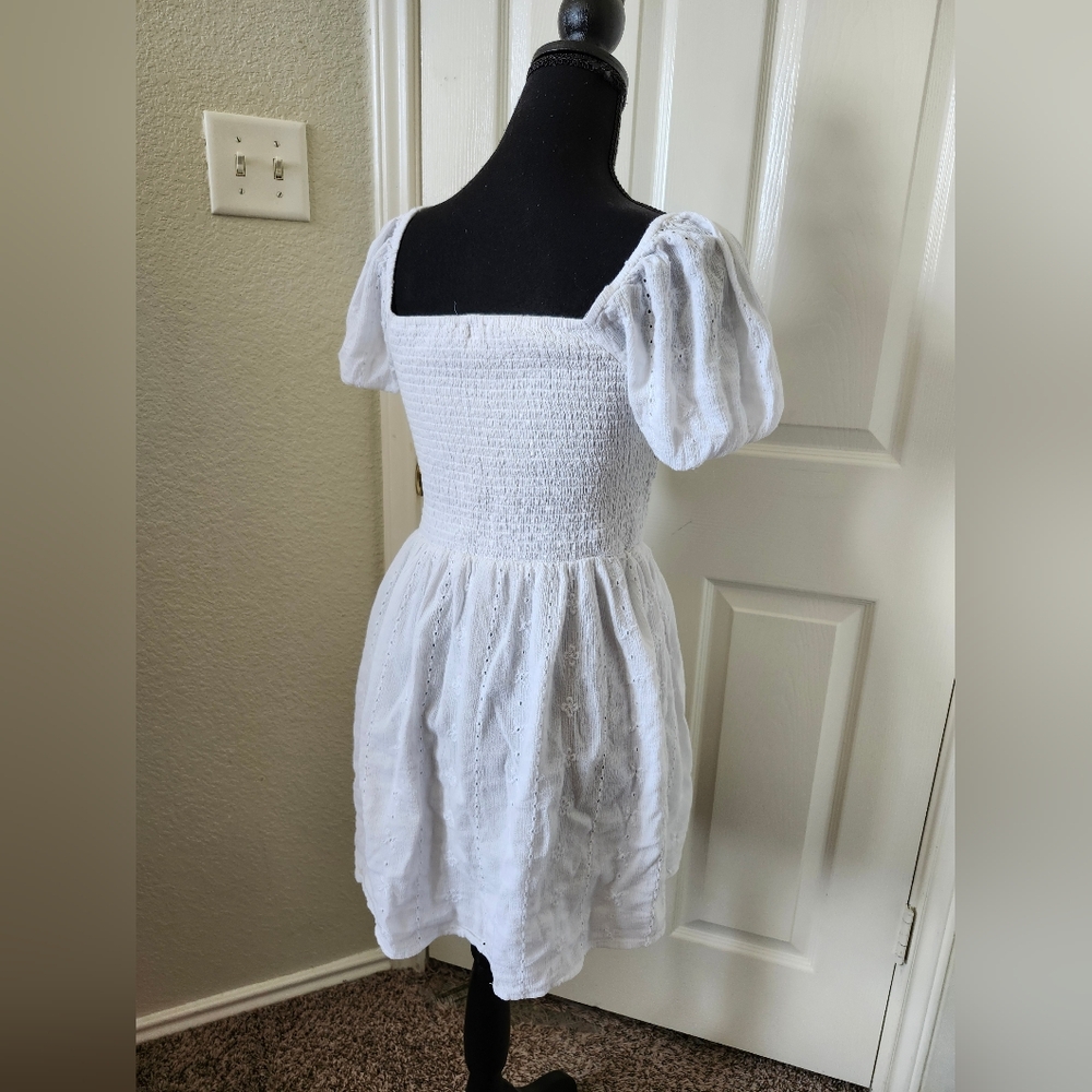 American Eagle White Smocked Puff Sleeve Embroidered Mini Dress M - Picture 6 of 15